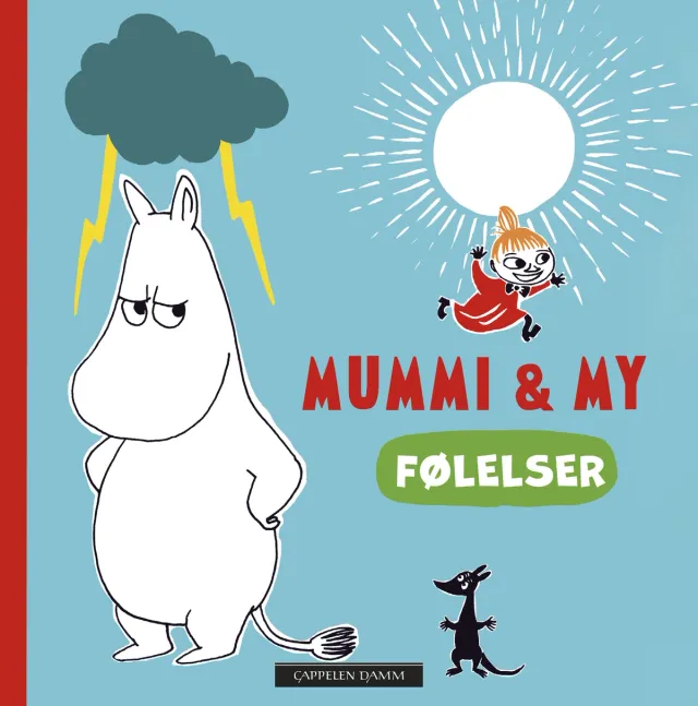 blå bok med en irritert Mummi. Lille My løper foran en sol. Boka heter 'Mummi & My Følelser'